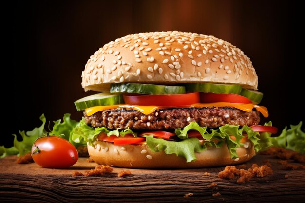 Hamburger with cheese and vegetables on a brown background