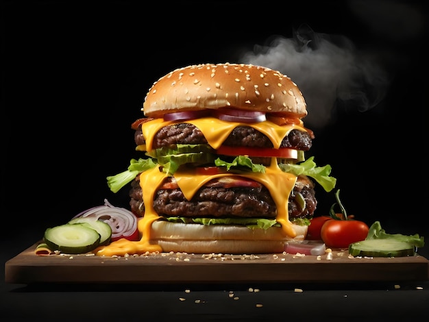 a hamburger with cheese and vegetables on a cutting board