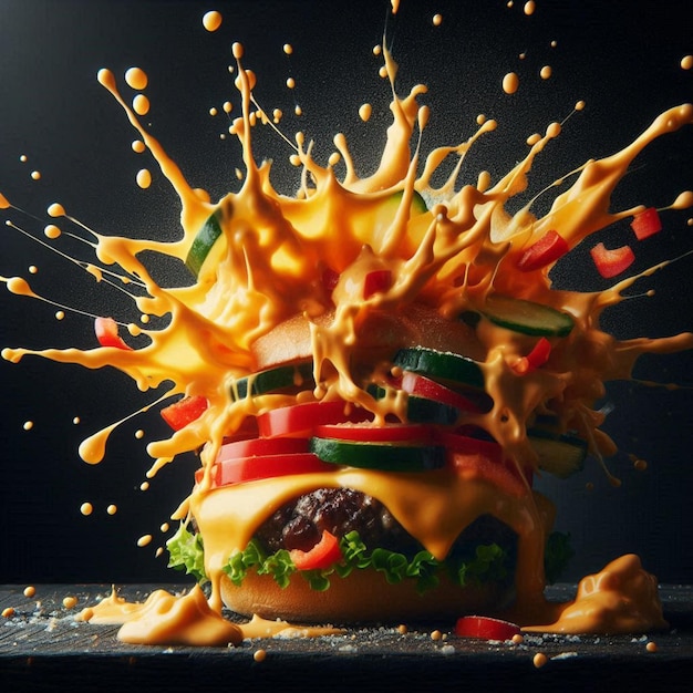 Photo a hamburger with cheese and vegetables on it that is covered in melted cheese