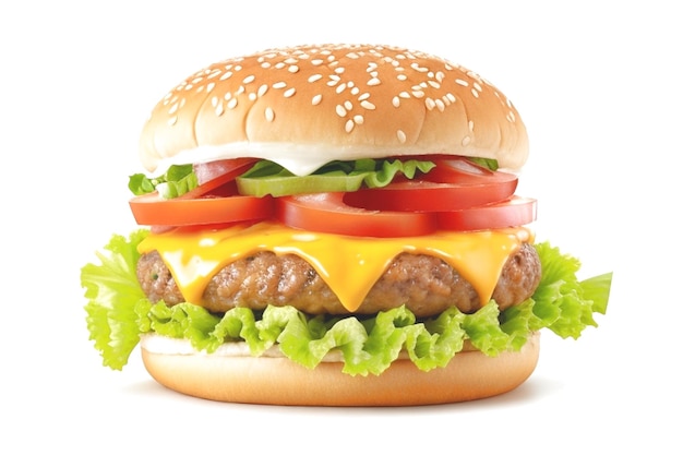 a hamburger with cheeseburger and fries on a white background