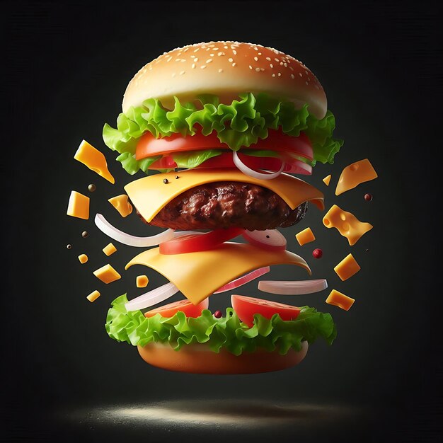 a hamburger with cheeseburger on it with a black background