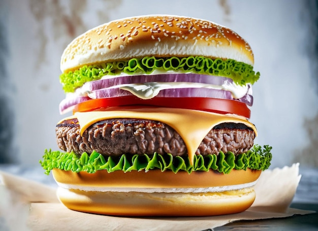 A hamburger with a cheeseburger on it