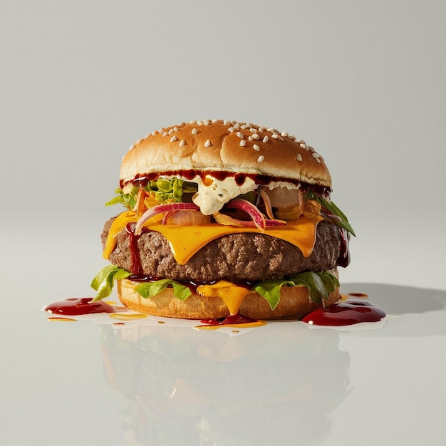 A hamburger with cheeseburger on the top of it