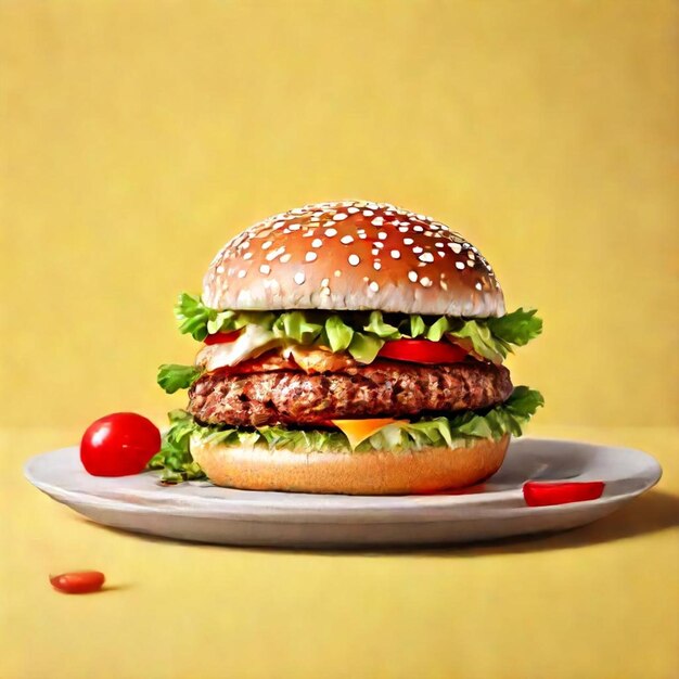 a hamburger with a cherry tomato on the top of it