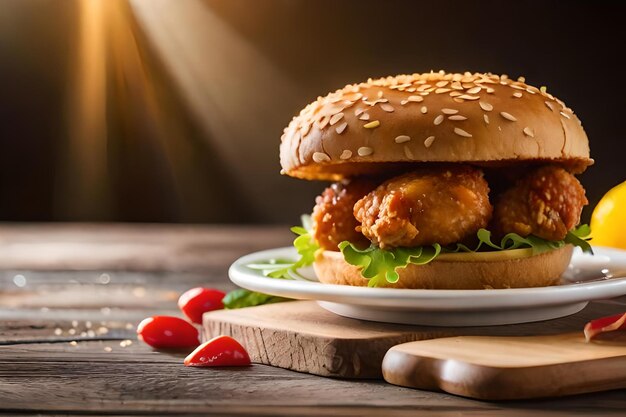 A hamburger with chicken and tomatoes on a plate