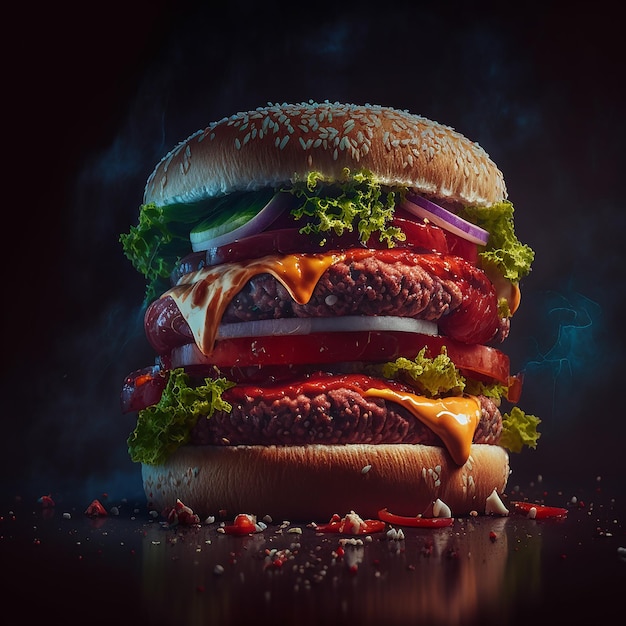 A hamburger with a dark background and a lot of toppings on it.