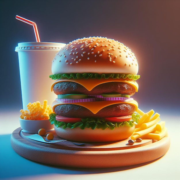 a hamburger with a drink and a cup of soda