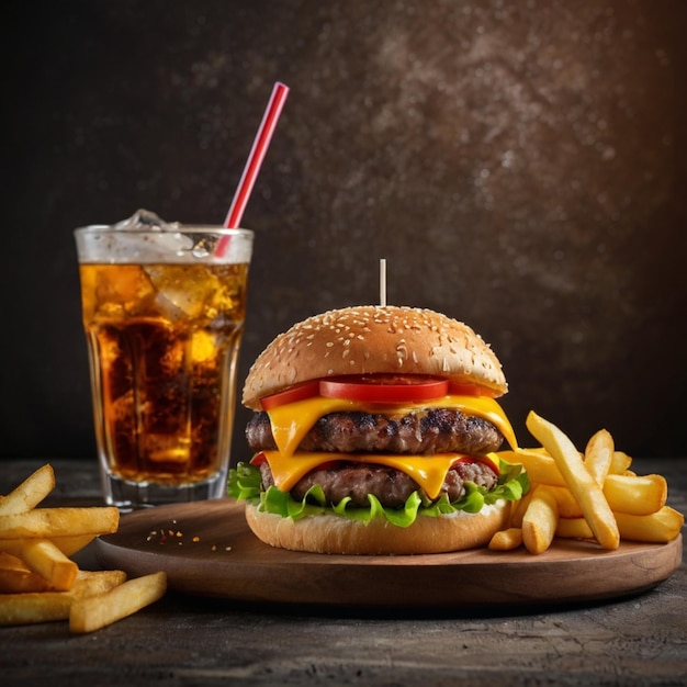 a hamburger with a drink and a drink on a table