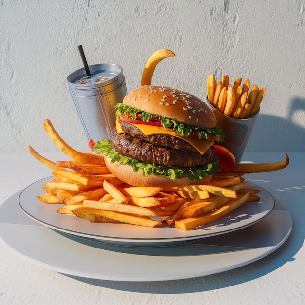 a hamburger with a drink and fries on a plate