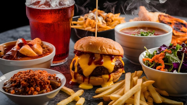 a hamburger with a drink and fries on the table