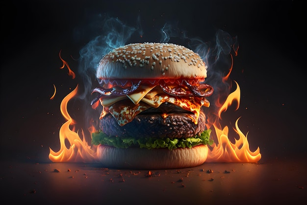 A hamburger with a fire background generative ai