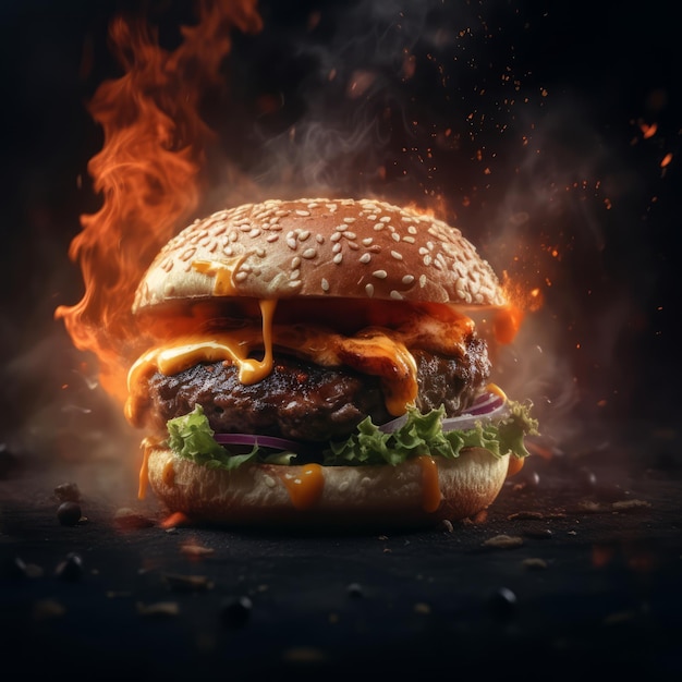 Hamburger with fire in the background