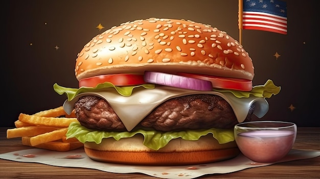 A hamburger with a flag on it and a flag on the top.