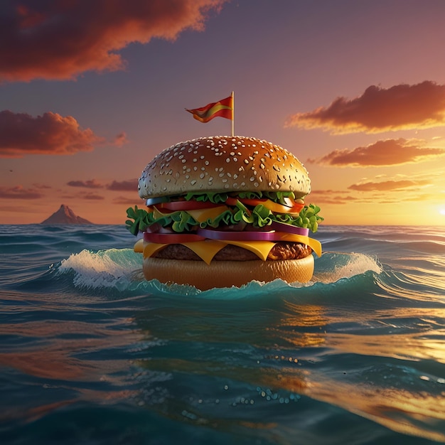 a hamburger with a flag on the top of it is in the water AI Generated