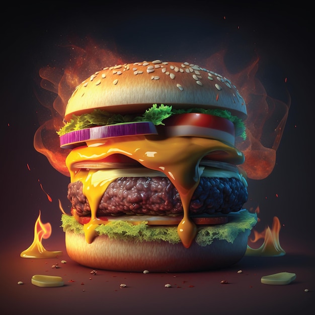 A hamburger with a flame on it that says " burger ".