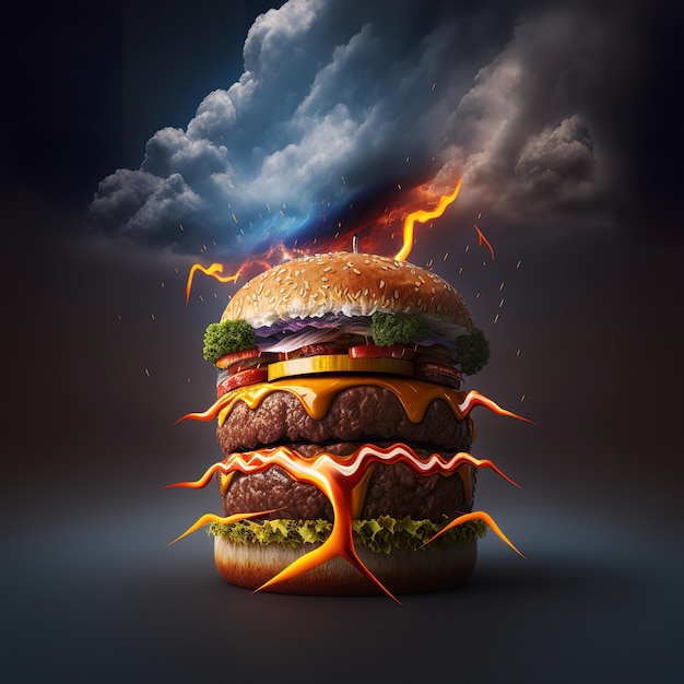 A hamburger with flames and smoke coming out of it