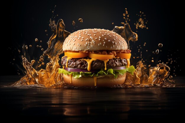 Hamburger with floating ingredients on dark background