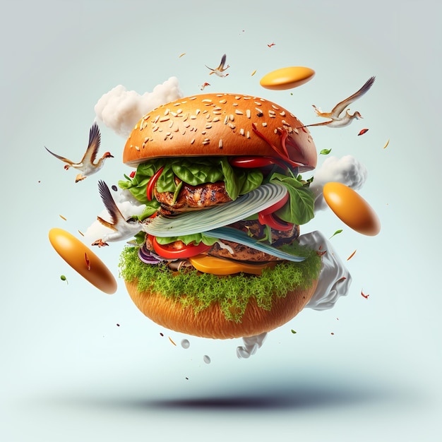 Hamburger with flying ingredients on white background