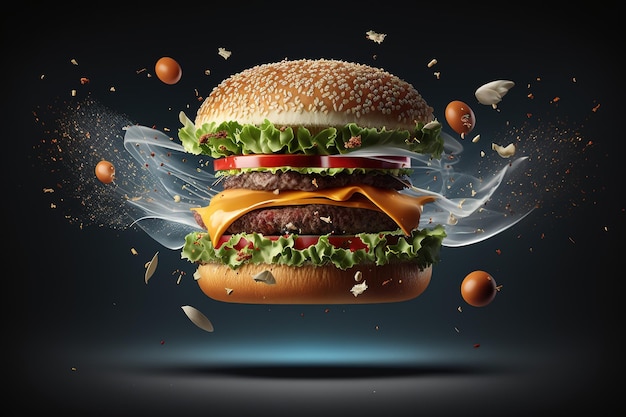 A hamburger with a flying saucer and the words " fast food " on it.