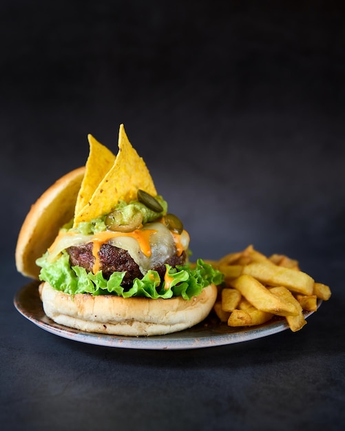 hamburger with french fries on chalkboard background