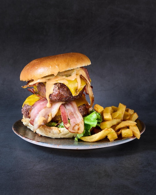 hamburger with french fries on chalkboard background