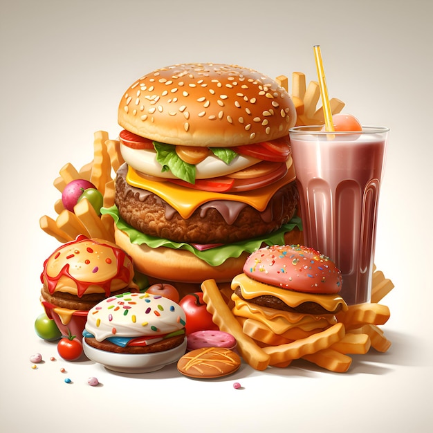 Hamburger with french fries and milkshake vector illustration