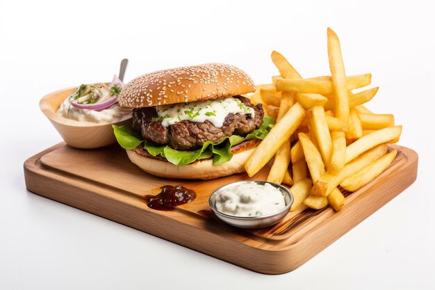 A hamburger with french fries and sauce on a wooden tray.