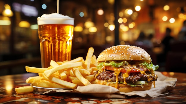 Hamburger with French fries and soda drink