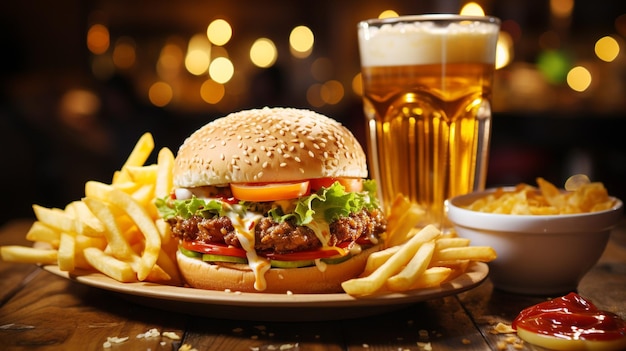 Hamburger with French fries and soda drink