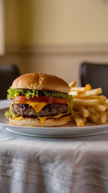 Hamburger with french fries on the table