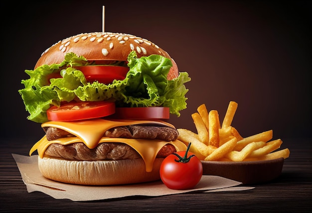 Hamburger with french fries on a wooden table