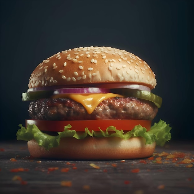 Hamburger with fresh vegetables on a dark background Toned