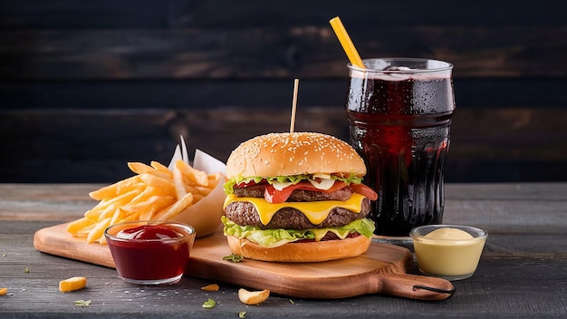 a hamburger with fries and a drink on the table