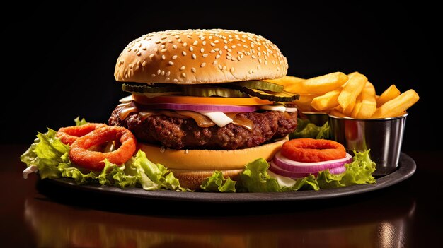 hamburger with fries and onion rings