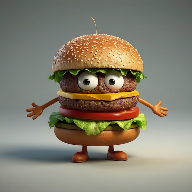 a hamburger with a funny face and arms outstretched AI Generated