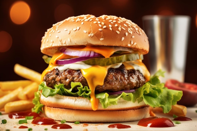 A hamburger with a glass of beer and a drink on a wooden board.