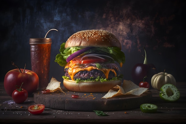 A hamburger with a glass of cola and tomato on a table