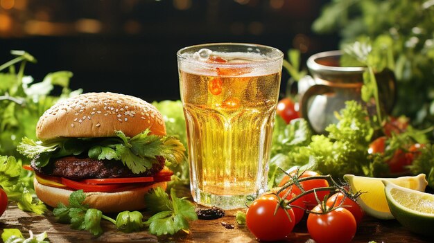 Hamburger with a glass of water on the side