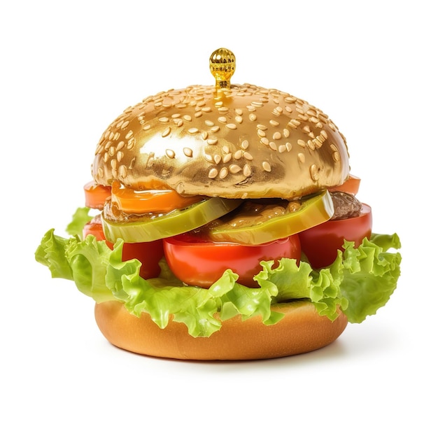 A hamburger with a golden bun and a green leafy vegetable on it.