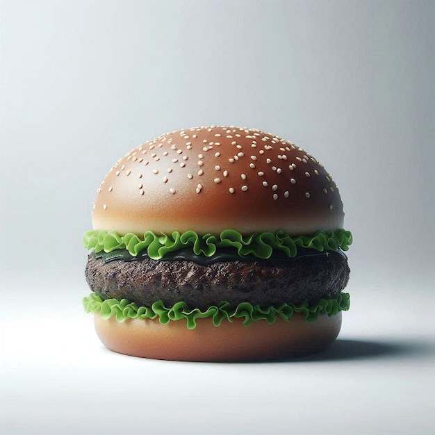 a hamburger with a green leafy top sits on a white surface