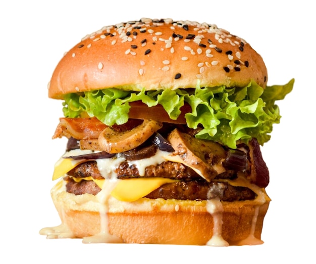 a hamburger with a green lettuce and cheese on it Tasty burger isolated on white background Fresh