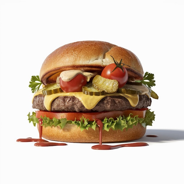 Photo a hamburger with a green lettuce and a tomato on it