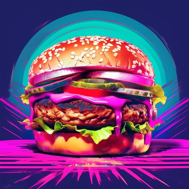 a hamburger with a green and purple background with a blue background