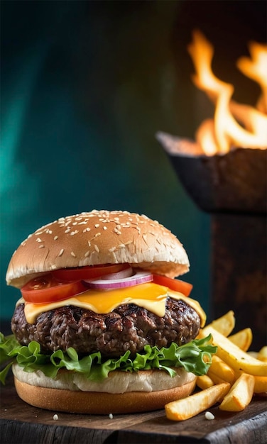 a hamburger with a hamburger and a fire in the background