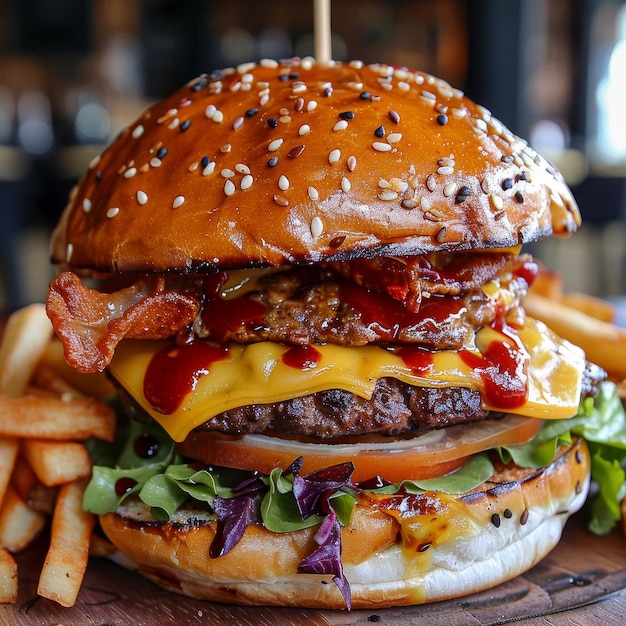 Photo a hamburger with a hamburger and fries on it