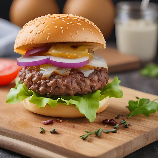 a hamburger with a hamburger on it sits on a wooden board