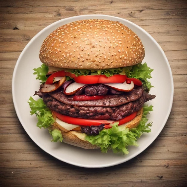 a hamburger with a hamburger on it sits on a wooden table