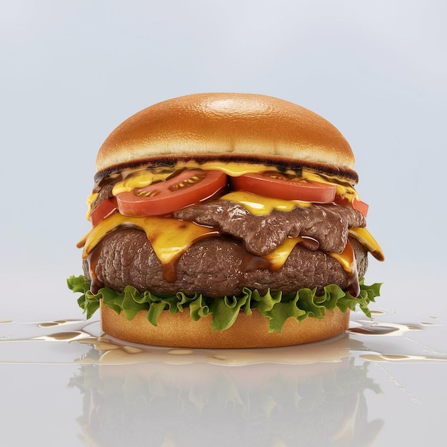 a hamburger with a hamburger on it that has a tomato on it