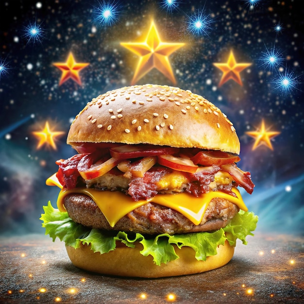 a hamburger with a hamburger and a star on the background