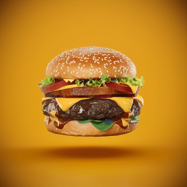 a hamburger with a hamburger on the top and a yellow background